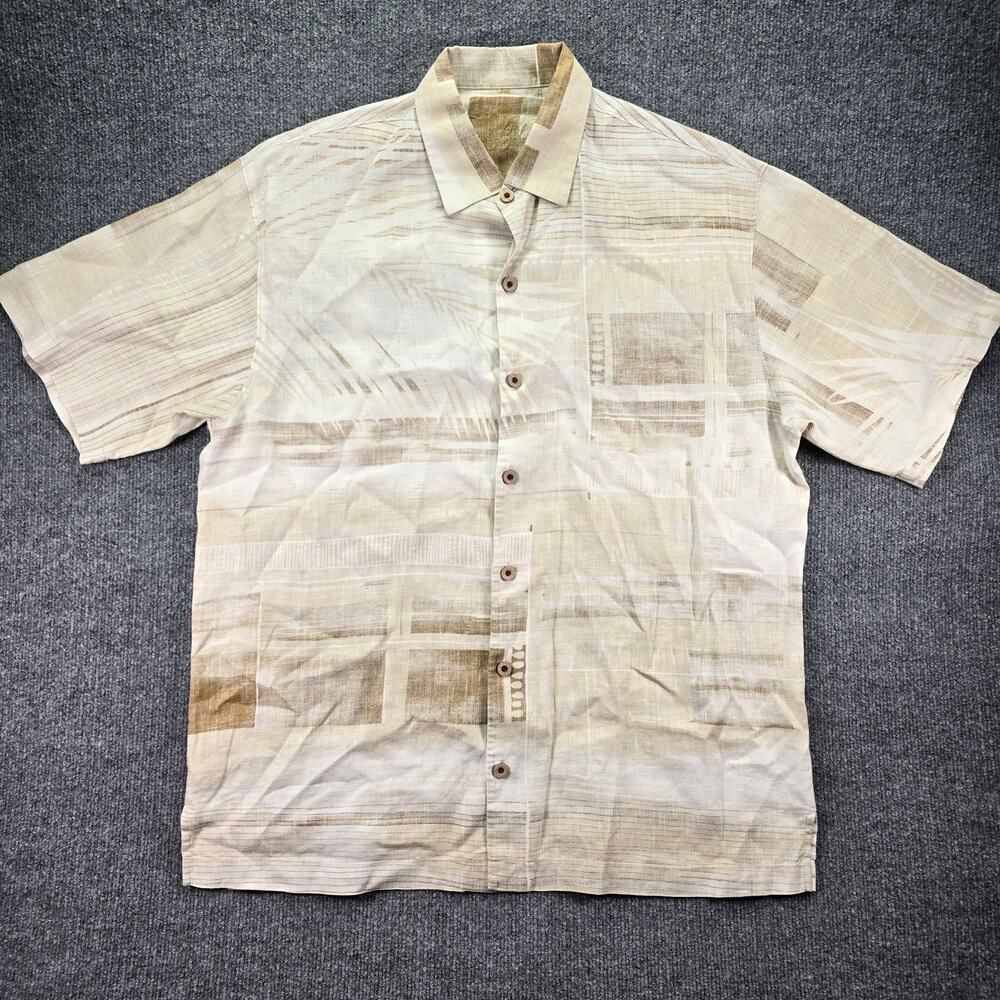 Tommy Bahama Shirt Mens Large Linen Tan Beige Button Up Short Sleeve Camp Resort